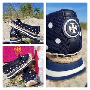 Tory Burch Navy Canvas Polka Dot Jute & Leather Espadrilles 7